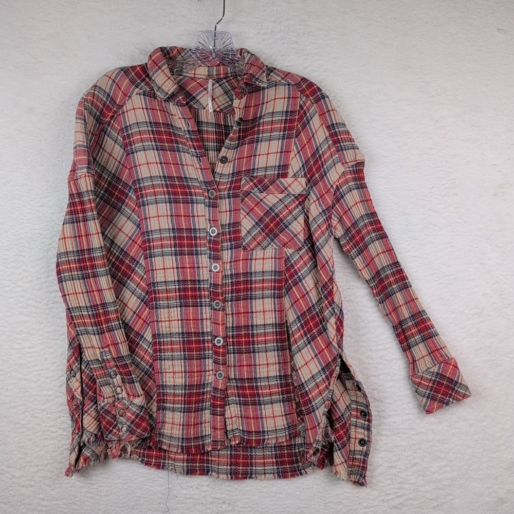 Free People Juniper Ridge Button Down Shirt Women's XS Plaid Side Snap Gauzy
